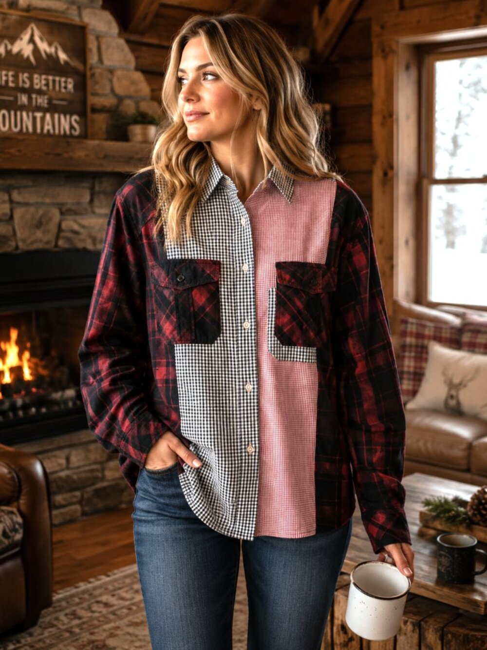 Upcycled Mixed Print Oversized Shirt Red Black Gingham Plaid Flannel Size S-M